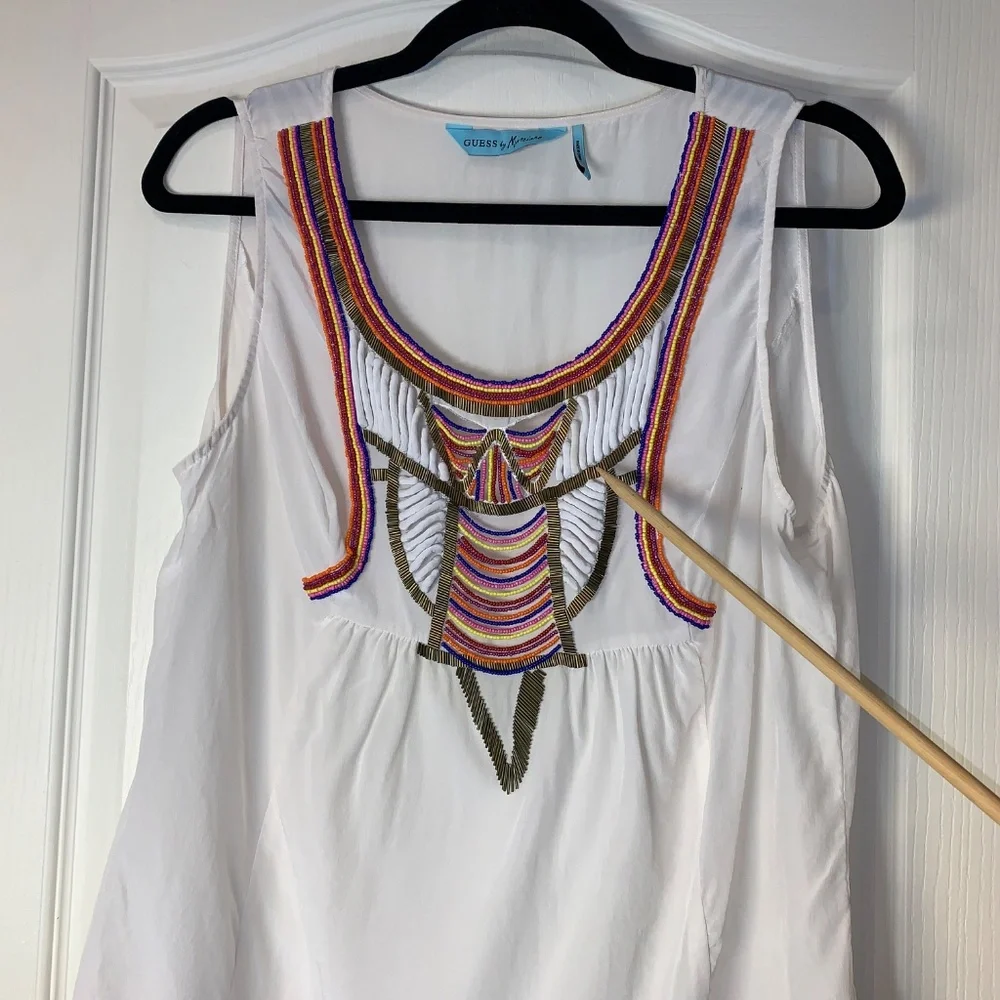 GUESS Marciano Silk Beaded Boho Tank White Multicolor Embellished Top L Festival - Picture 8 of 11